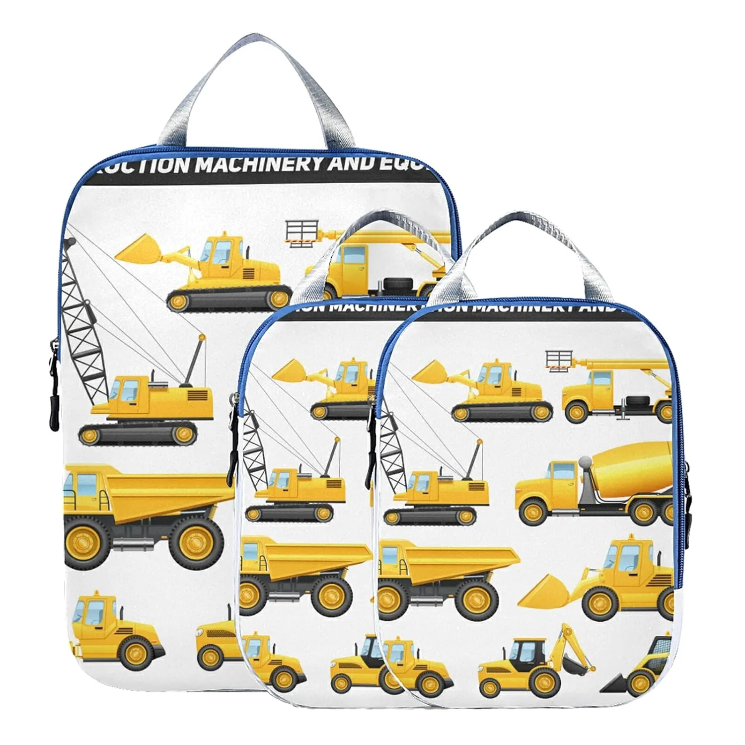 Construction Equipment Yellow Machinery with Truck Crane and Bulldozer 3 Set Packing Cubes, Waterproof Check Oxford cloth Organizers, Travel Packing Toiletry Storage Bag