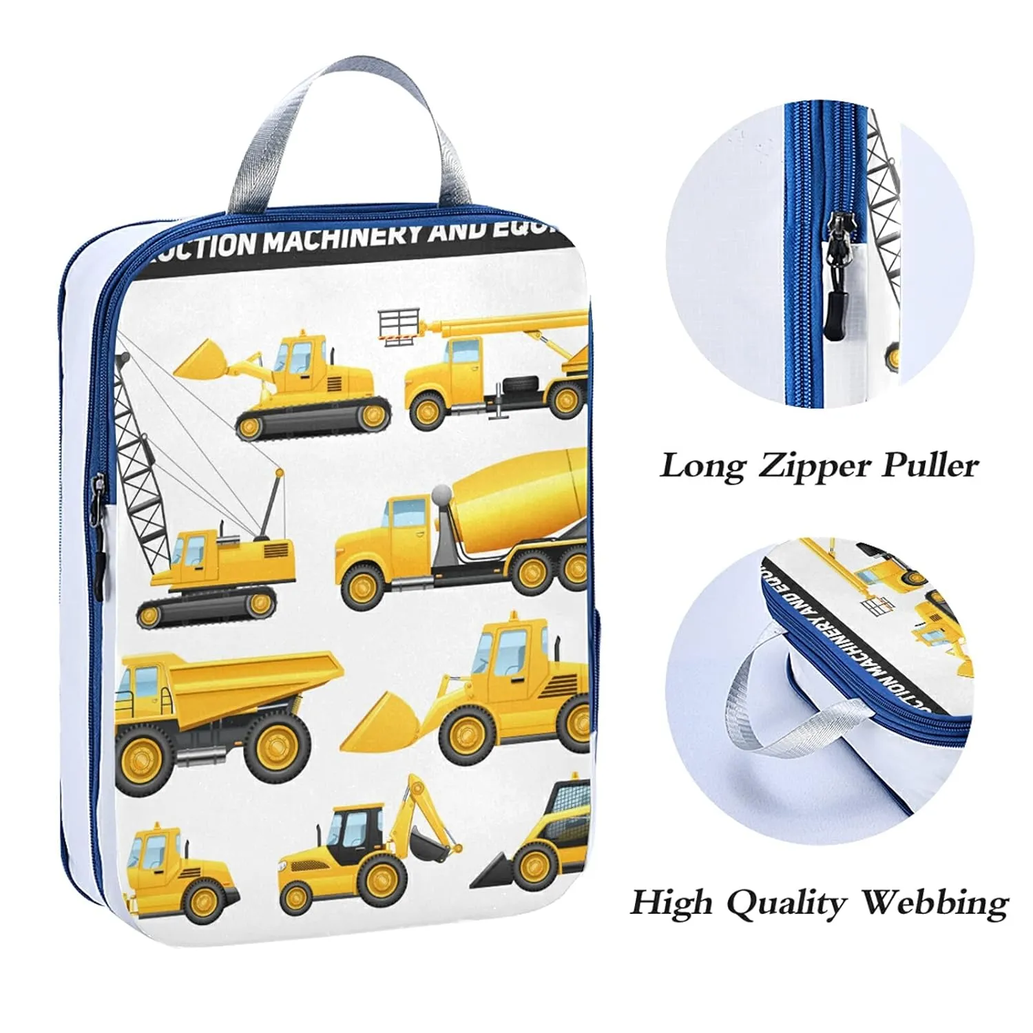 Construction Equipment Yellow Machinery with Truck Crane and Bulldozer 3 Set Packing Cubes, Waterproof Check Oxford cloth Organizers, Travel Packing Toiletry Storage Bag