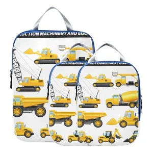 Construction Equipment Yellow Machinery with Truck Crane and Bulldozer 3 Set Packing Cubes, Waterproof Check Oxford cloth Organizers, Travel Packing Toiletry Storage Bag