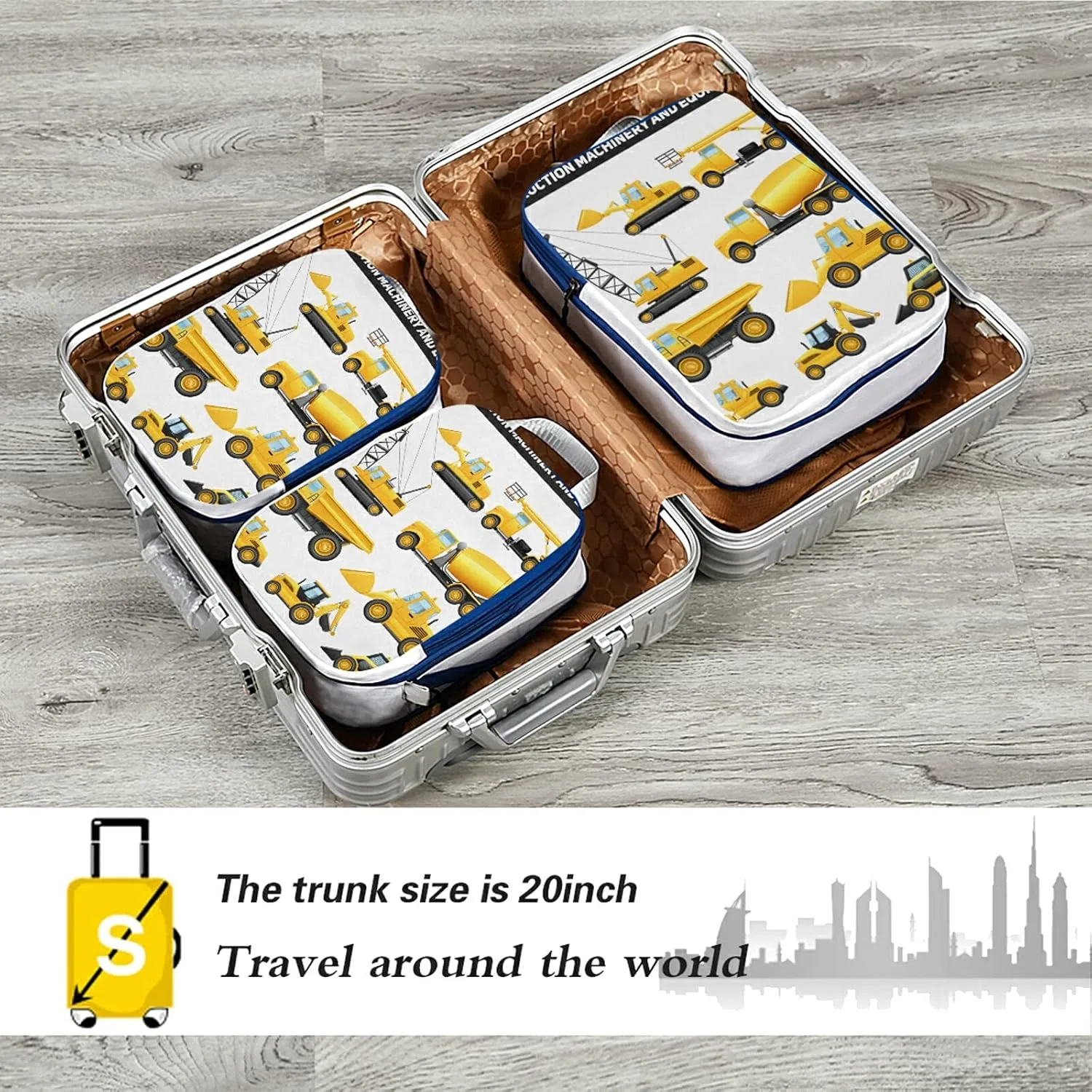 Construction Equipment Yellow Machinery with Truck Crane and Bulldozer 3 Set Packing Cubes, Waterproof Check Oxford cloth Organizers, Travel Packing Toiletry Storage Bag