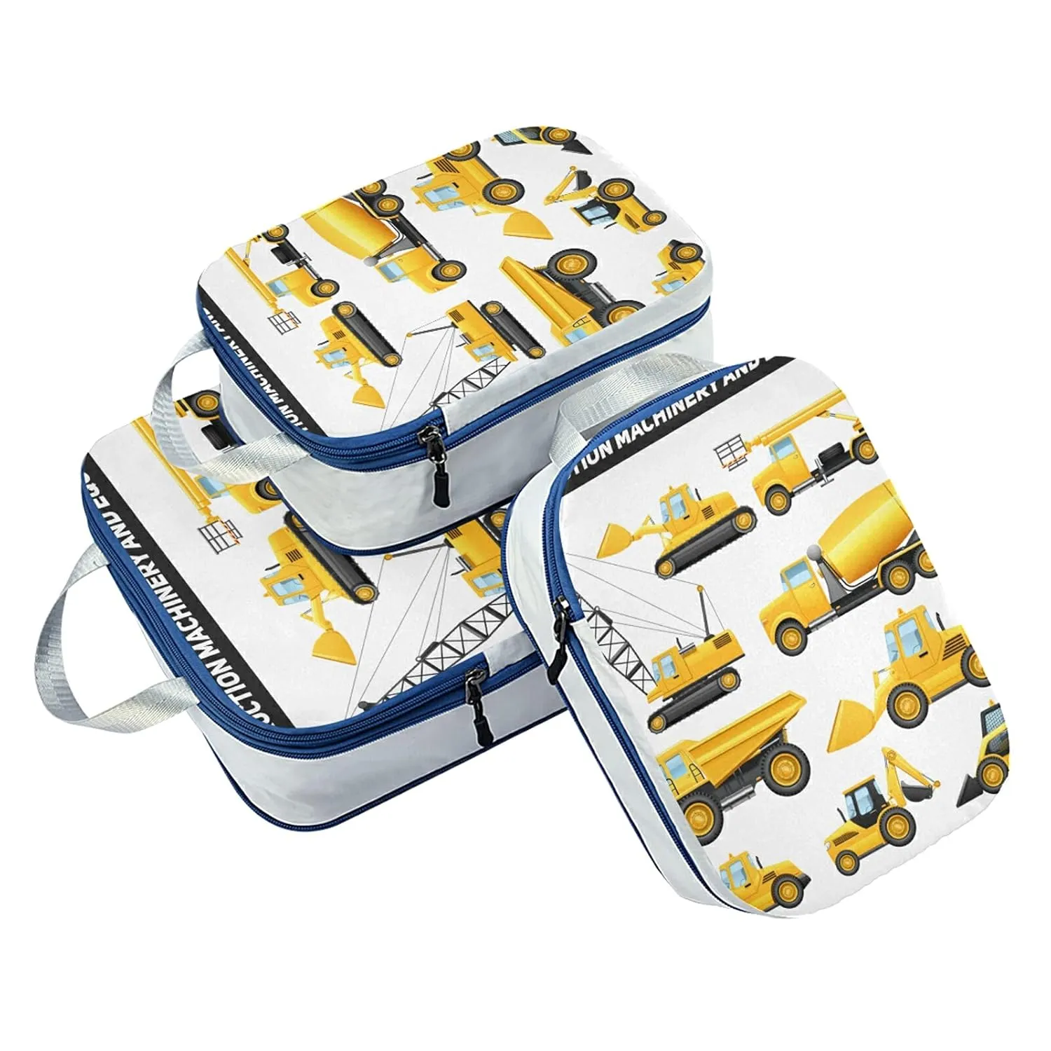 Construction Equipment Yellow Machinery with Truck Crane and Bulldozer 3 Set Packing Cubes, Waterproof Check Oxford cloth Organizers, Travel Packing Toiletry Storage Bag