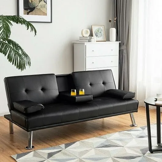 Convertible Folding Leather Futon Sofa with Cup Holders and Armrests-Black - Col