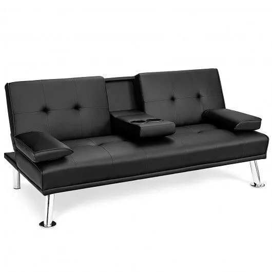 Convertible Folding Leather Futon Sofa with Cup Holders and Armrests-Black - Col