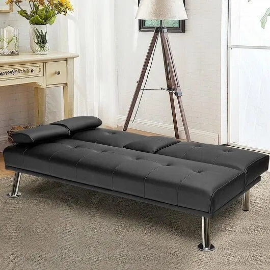 Convertible Folding Leather Futon Sofa with Cup Holders and Armrests-Black - Col