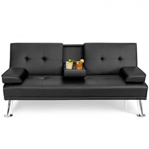 Convertible Folding Leather Futon Sofa with Cup Holders and Armrests-Black - Col