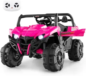 Costzon Kids Ride on Truck, 12V Battery Powered Electric Vehicle w/Remote Control, 3 Speeds, LED Lights, Music, MP3 & AUX Ports, Off-Road UTV Truck with Soft Start, Gift for Boys & Girls (Pink)