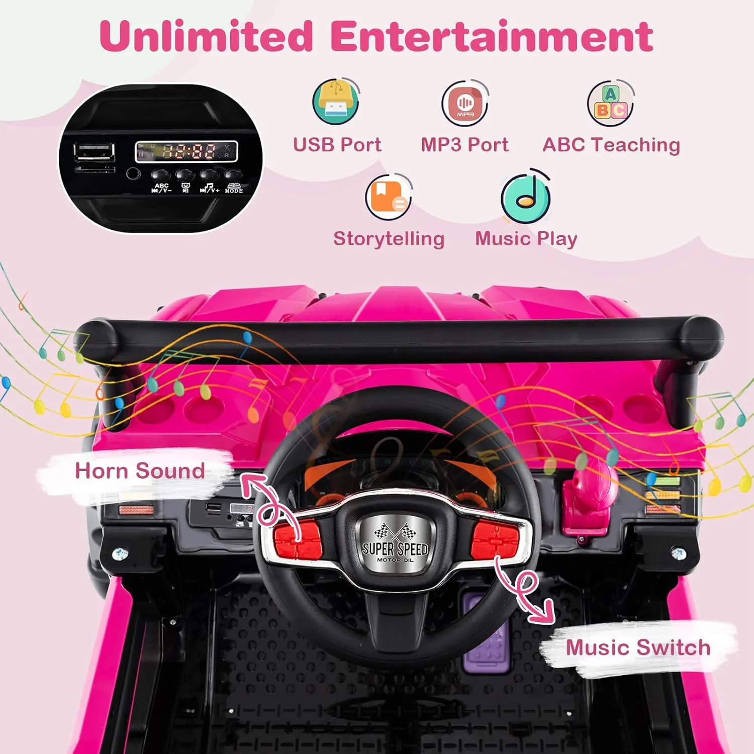 Costzon Kids Ride on Truck, 12V Battery Powered Electric Vehicle w/Remote Control, 3 Speeds, LED Lights, Music, MP3 & AUX Ports, Off-Road UTV Truck with Soft Start, Gift for Boys & Girls (Pink)