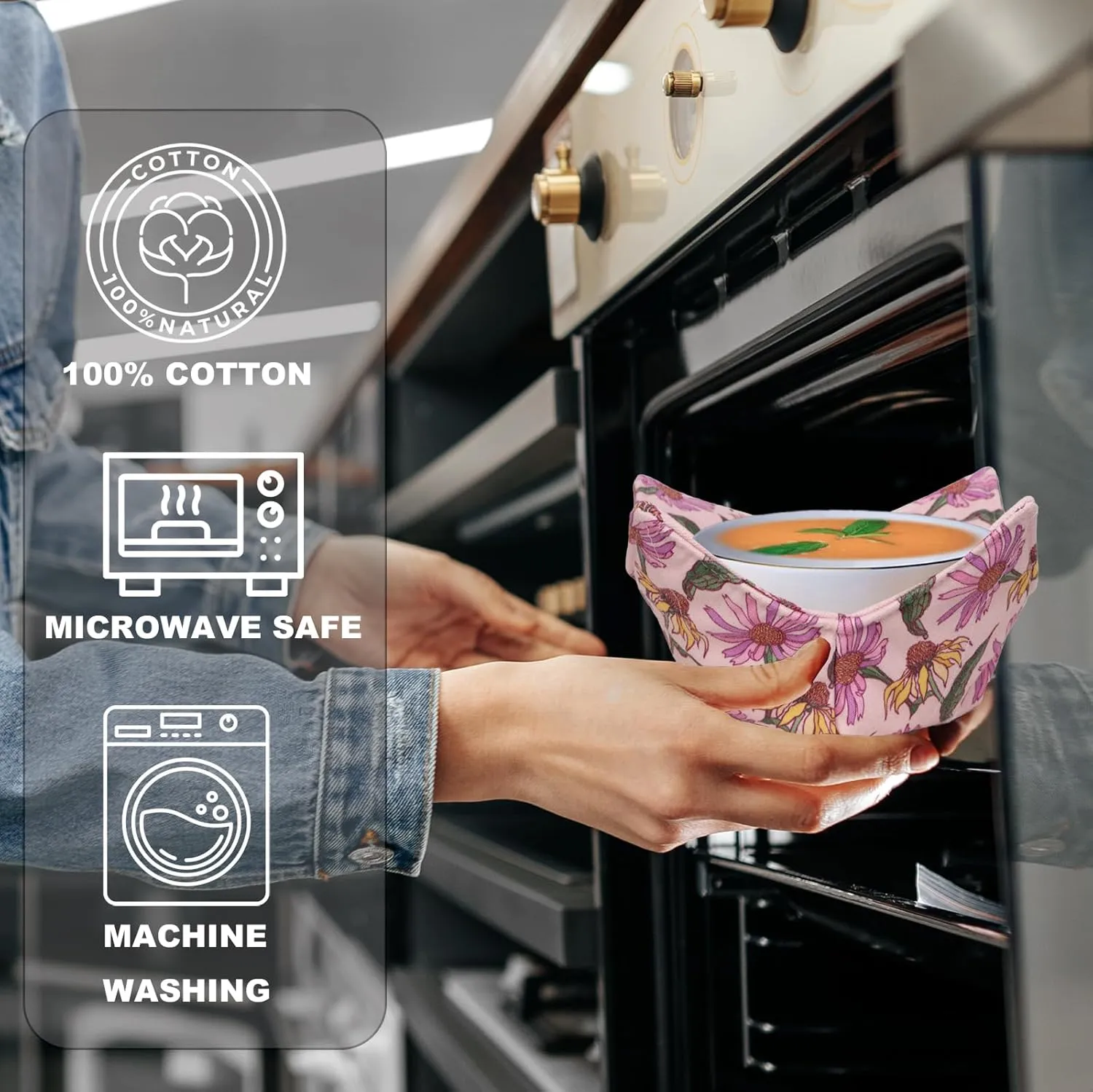 Cotton Microwavable Bowl Cozy, Microwave-Safe Hot Bowl Holders, Soup bowl Cozy Hot Pads (Vintage Floral)