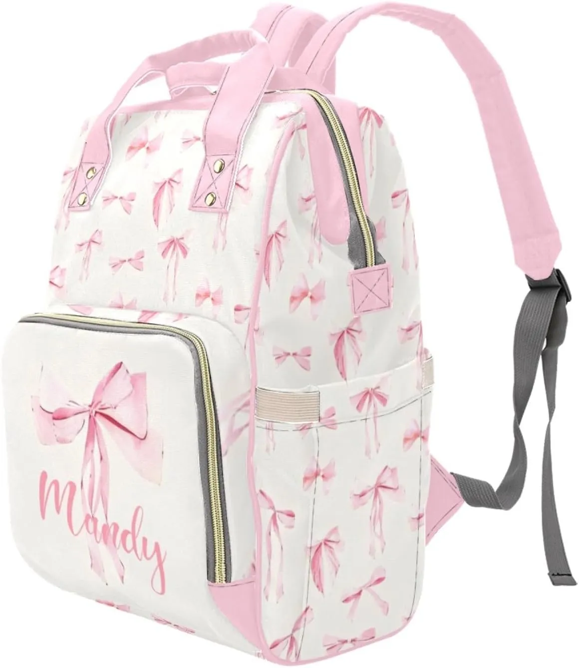 Custom Diaper Bag Backpack for Women, Personalized Name Nursing Mommy Daypack, Diaper Bag for Girls Boys, New Mom Gifts (Pink Bow)