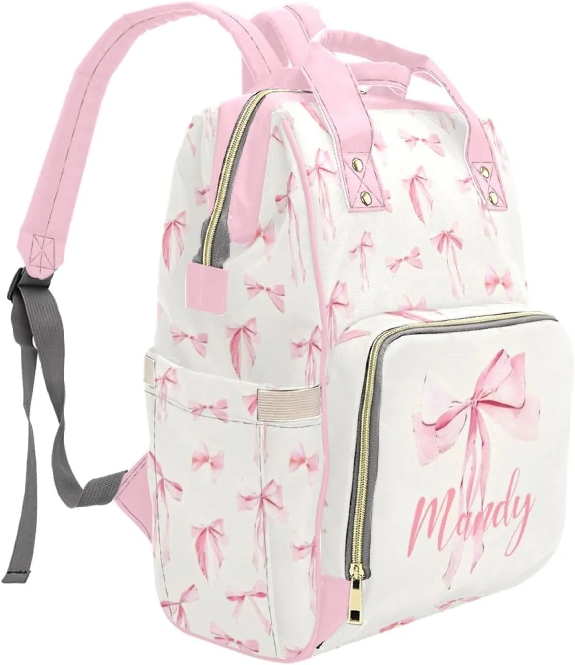 Custom Diaper Bag Backpack for Women, Personalized Name Nursing Mommy Daypack, Diaper Bag for Girls Boys, New Mom Gifts (Pink Bow)