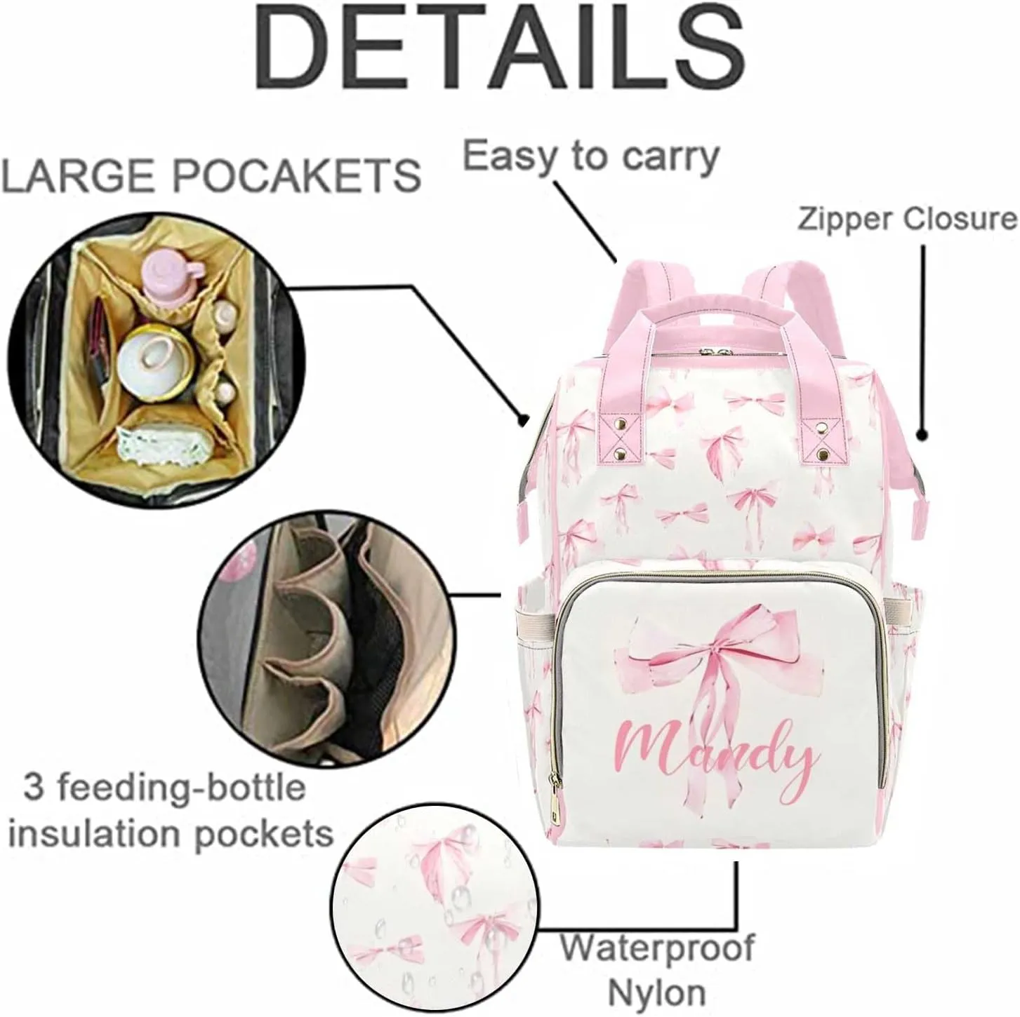 Custom Diaper Bag Backpack for Women, Personalized Name Nursing Mommy Daypack, Diaper Bag for Girls Boys, New Mom Gifts (Pink Bow)