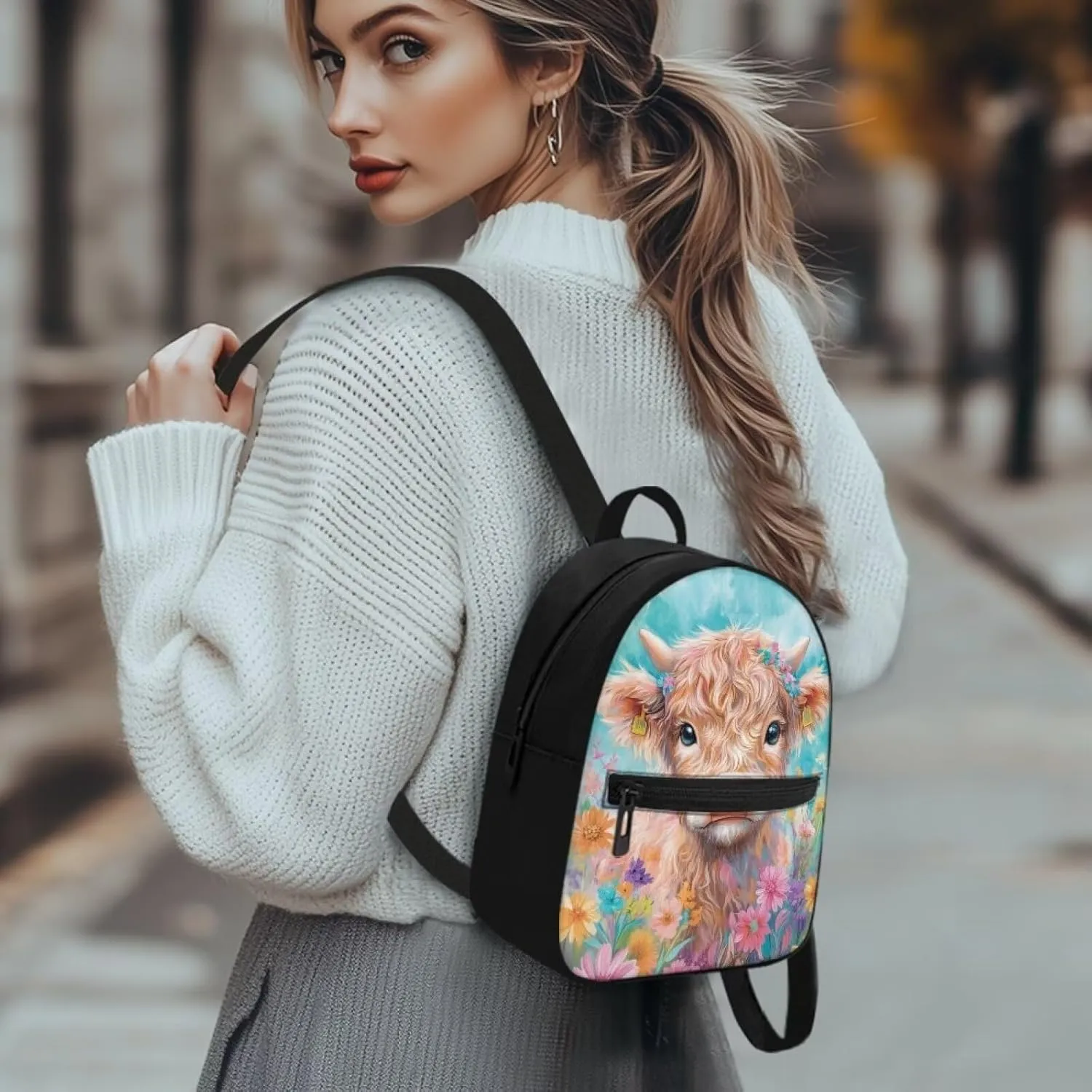 Cute Highland Cow Backpack for Toddler Girls 2-4 Small Bow Backpack With Front Zipper Pocket Lightweight Bookbag Travel Casual Blue Schoolbag Kindergarten