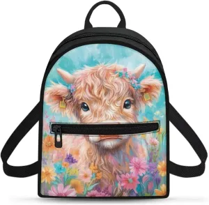 Cute Highland Cow Backpack for Toddler Girls 2-4 Small Bow Backpack With Front Zipper Pocket Lightweight Bookbag Travel Casual Blue Schoolbag Kindergarten