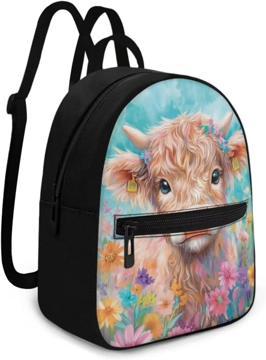 Cute Highland Cow Backpack for Toddler Girls 2-4 Small Bow Backpack With Front Zipper Pocket Lightweight Bookbag Travel Casual Blue Schoolbag Kindergarten