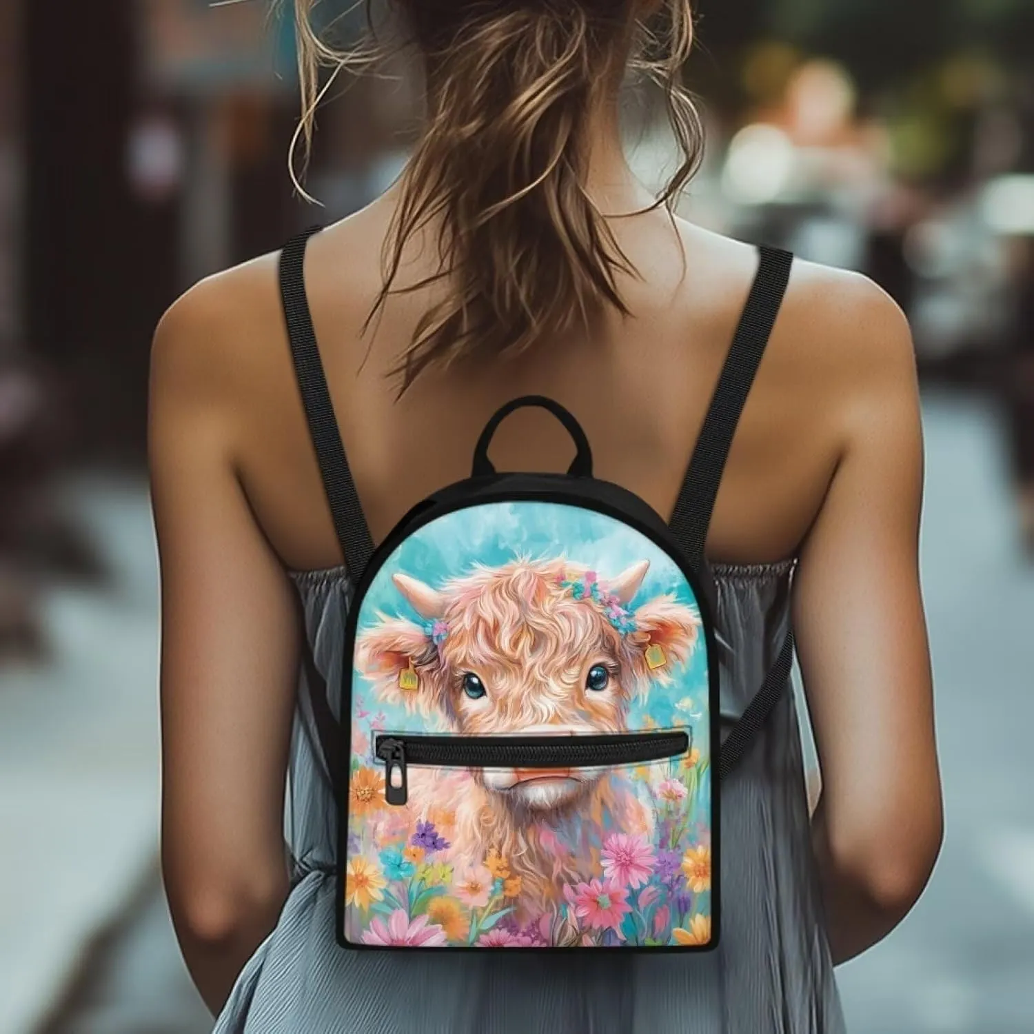 Cute Highland Cow Backpack for Toddler Girls 2-4 Small Bow Backpack With Front Zipper Pocket Lightweight Bookbag Travel Casual Blue Schoolbag Kindergarten