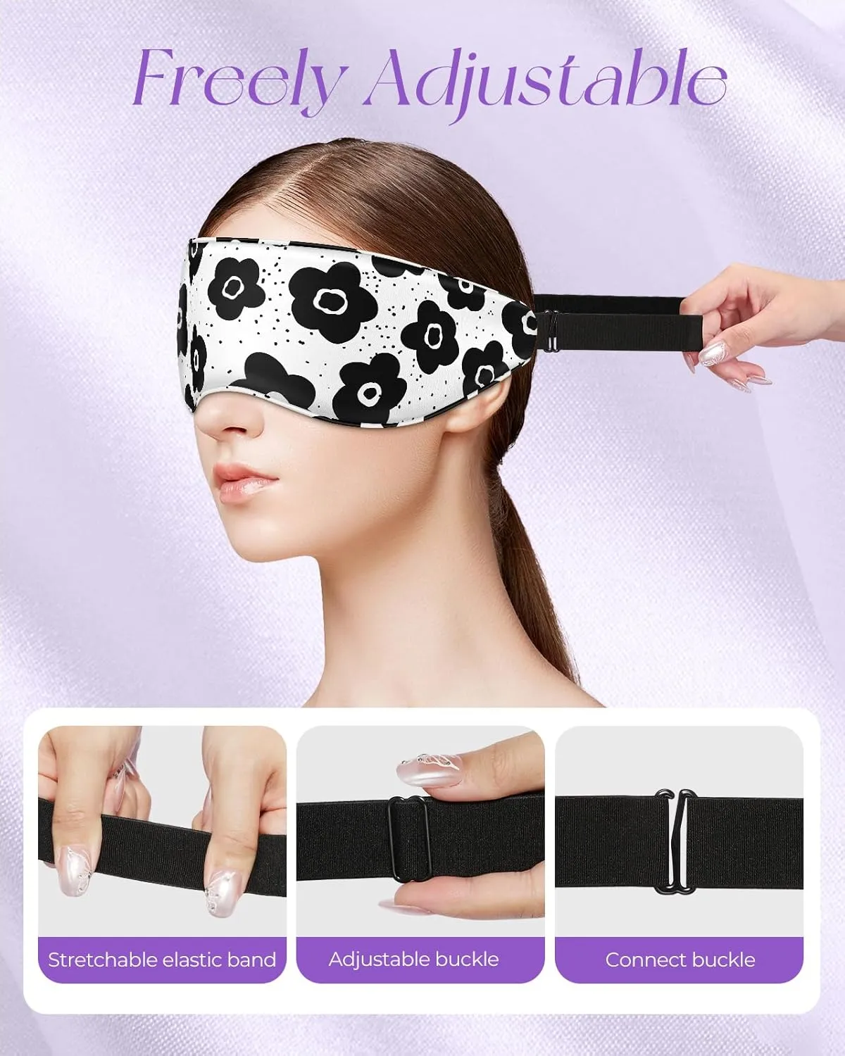 Cute Silk Weighted Eye Mask - Sleep Mask for Women Wife Mom for Sleeping Heat and Cold Lavender Mulberry Silk Eye Mask for Dry Eyes Ajustable with Drawstring Bag, Black Flower