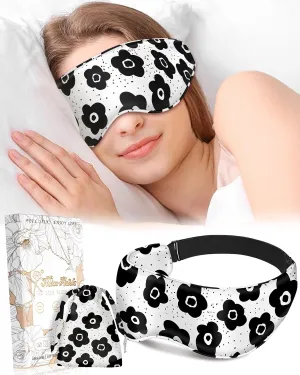 Cute Silk Weighted Eye Mask - Sleep Mask for Women Wife Mom for Sleeping Heat and Cold Lavender Mulberry Silk Eye Mask for Dry Eyes Ajustable with Drawstring Bag, Black Flower