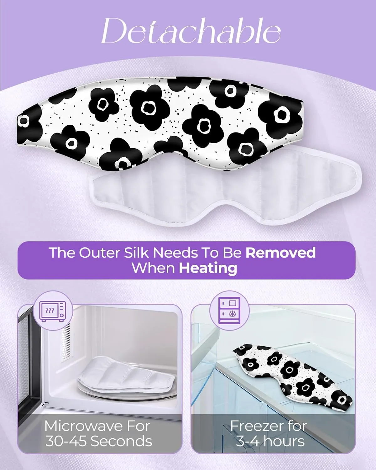 Cute Silk Weighted Eye Mask - Sleep Mask for Women Wife Mom for Sleeping Heat and Cold Lavender Mulberry Silk Eye Mask for Dry Eyes Ajustable with Drawstring Bag, Black Flower