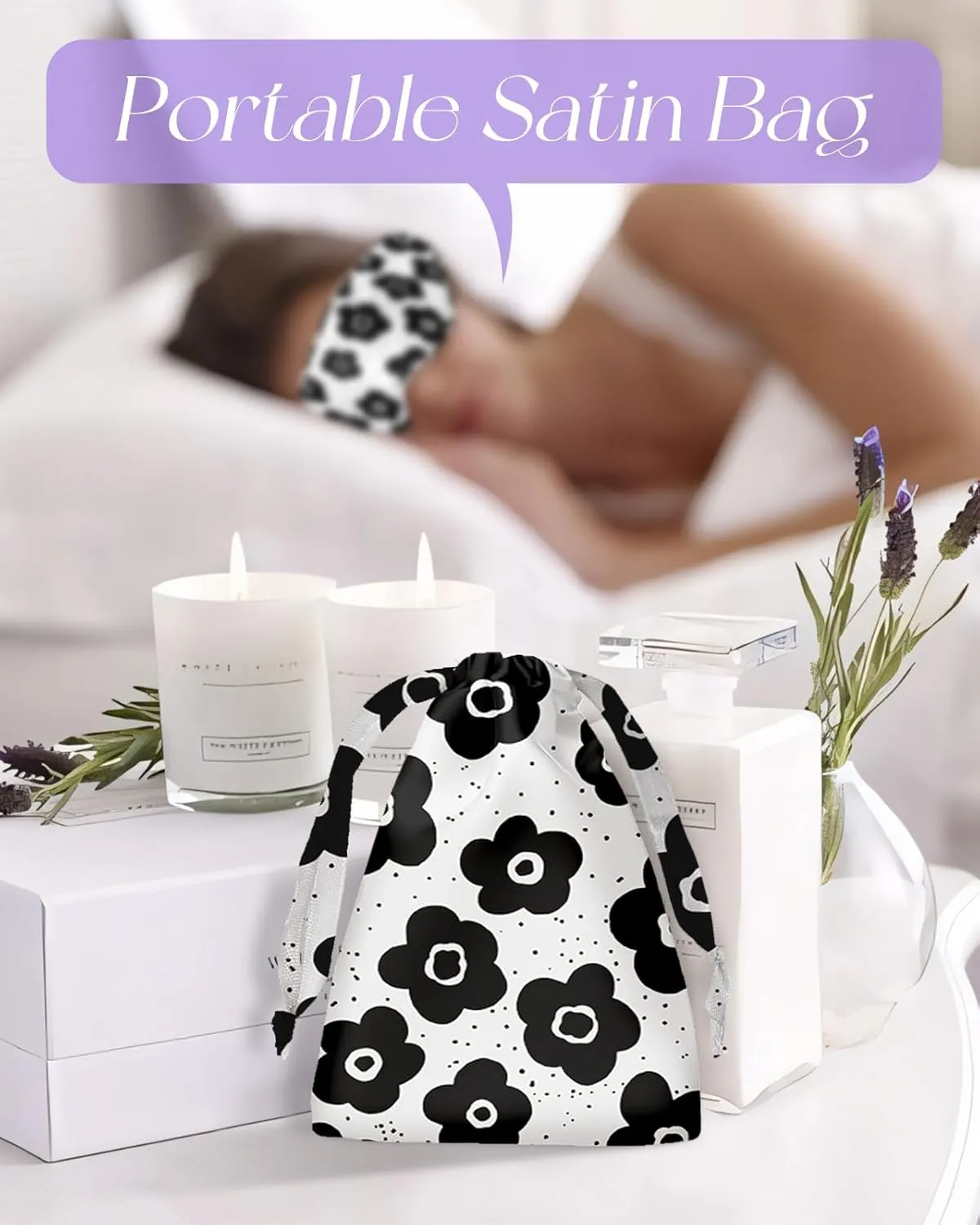 Cute Silk Weighted Eye Mask - Sleep Mask for Women Wife Mom for Sleeping Heat and Cold Lavender Mulberry Silk Eye Mask for Dry Eyes Ajustable with Drawstring Bag, Black Flower