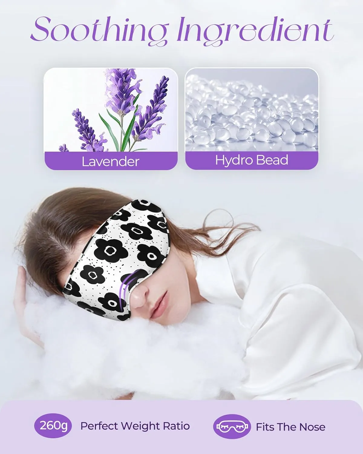 Cute Silk Weighted Eye Mask - Sleep Mask for Women Wife Mom for Sleeping Heat and Cold Lavender Mulberry Silk Eye Mask for Dry Eyes Ajustable with Drawstring Bag, Black Flower