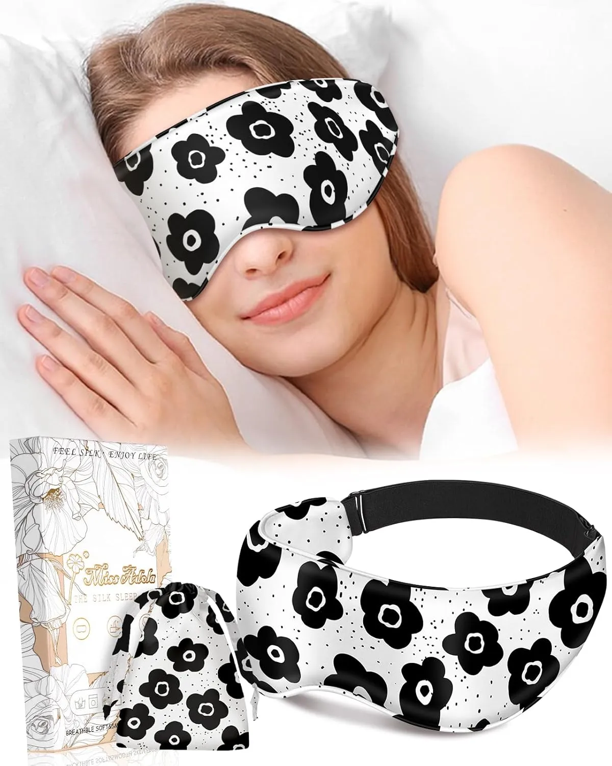 Cute Silk Weighted Eye Mask - Sleep Mask for Women Wife Mom for Sleeping Heat and Cold Lavender Mulberry Silk Eye Mask for Dry Eyes Ajustable with Drawstring Bag, Black Flower