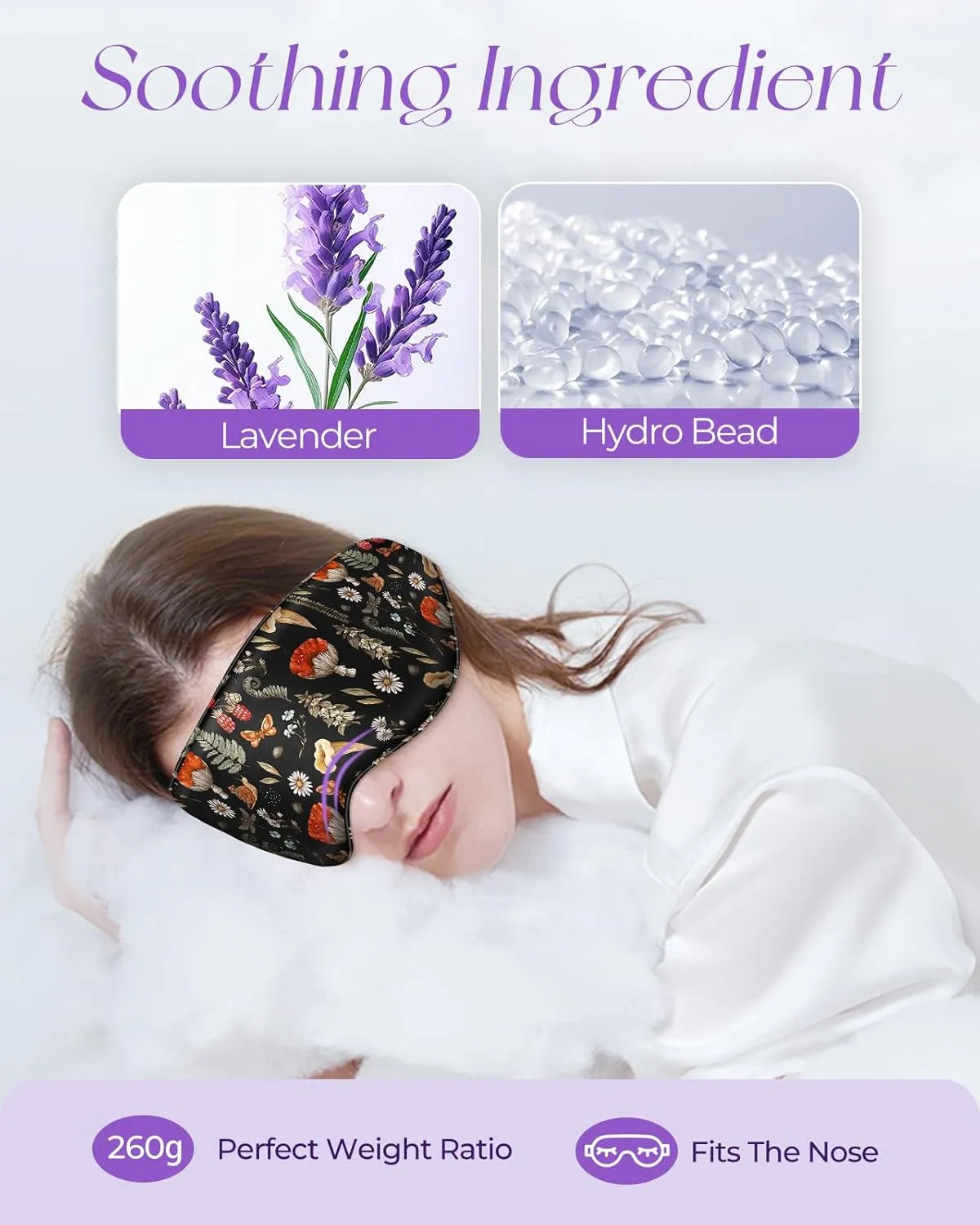 Cute Silk Weighted Eye Mask - Sleep Mask for Women Wife Mom for Sleeping Heat and Cold Lavender Mulberry Silk Eye Mask for Dry Eyes Ajustable with Drawstring Bag, Black Mush