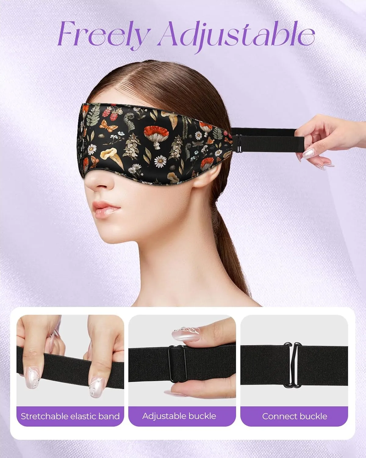 Cute Silk Weighted Eye Mask - Sleep Mask for Women Wife Mom for Sleeping Heat and Cold Lavender Mulberry Silk Eye Mask for Dry Eyes Ajustable with Drawstring Bag, Black Mush
