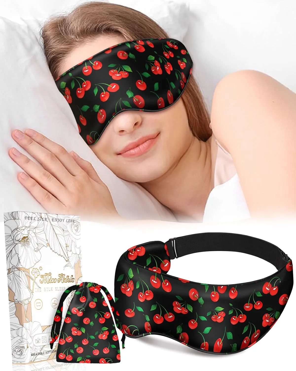 Cute Silk Weighted Eye Mask - Sleep Mask for Women Wife Mom for Sleeping Heat and Cold Lavender Mulberry Silk Eye Mask for Dry Eyes Ajustable with Drawstring Bag, Cherry