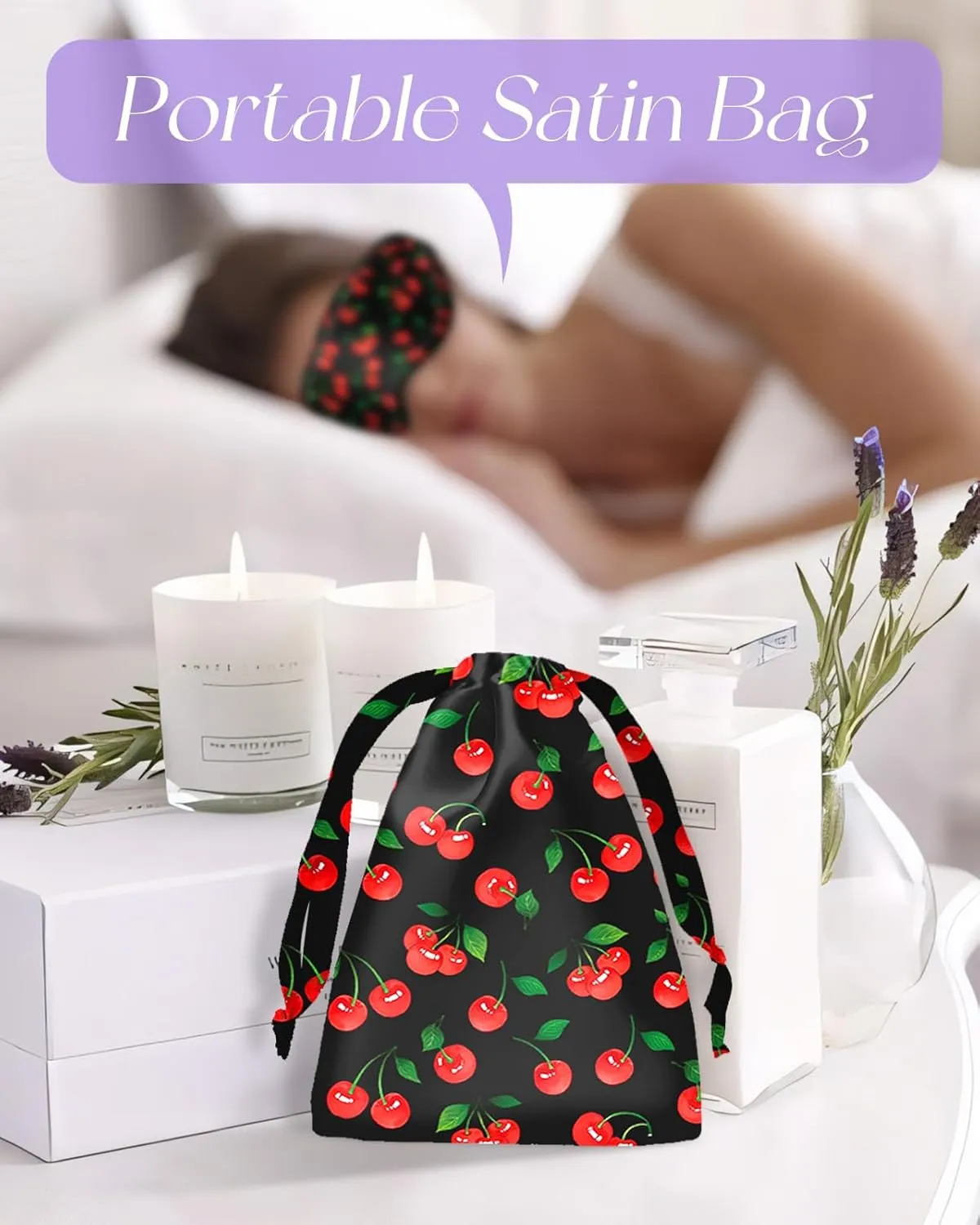 Cute Silk Weighted Eye Mask - Sleep Mask for Women Wife Mom for Sleeping Heat and Cold Lavender Mulberry Silk Eye Mask for Dry Eyes Ajustable with Drawstring Bag, Cherry