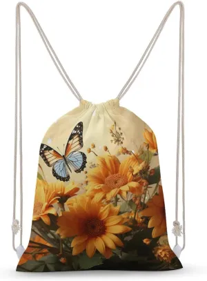 Cute Sunflower And Butterfly Drawstring Backpack for Women Men Drawstring Bag for Travel Swimming Sports Gym Bag