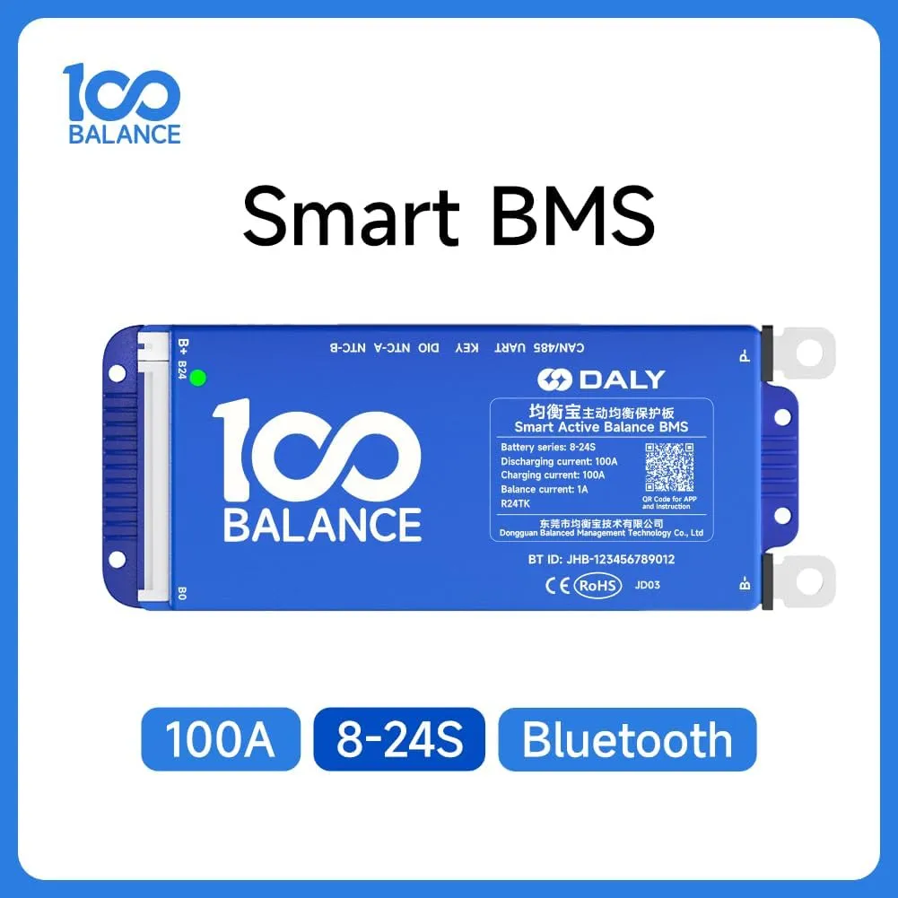 DALY BMS 100 amp with 1A Active Balance 8S-17S Build in Bluetooth Cell Balancing Smart PCB Battery Protection Board for Li-ion LiFePO4 LTO Lithium Battery Pack