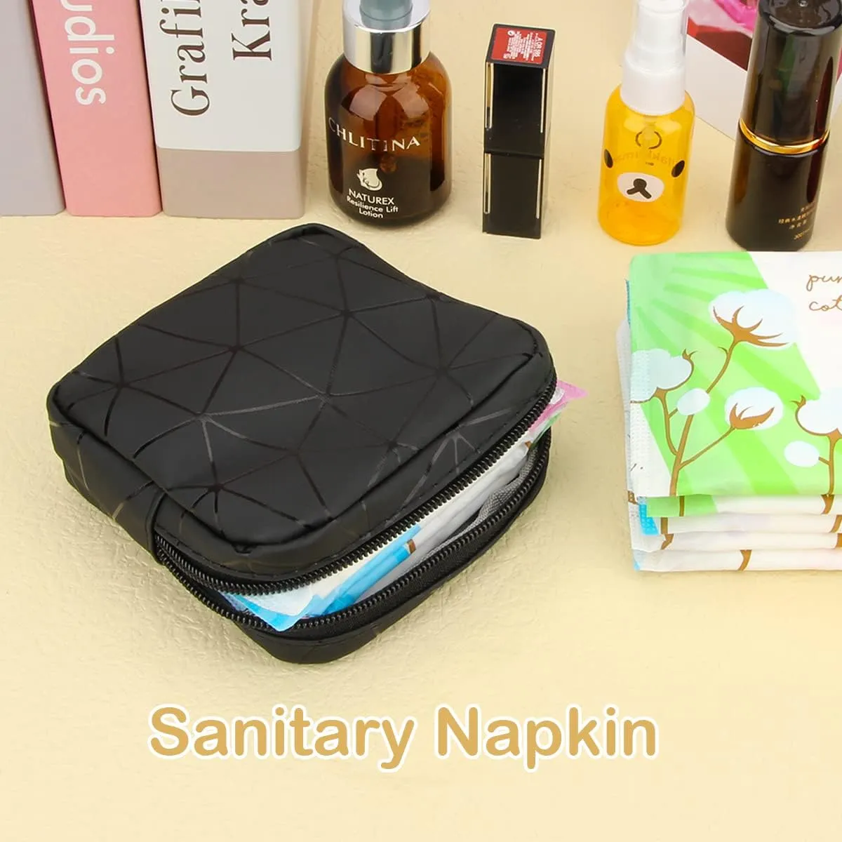 Desing Wish 4 Pack PU Leather Sanitary Napkin Storage Bag, Period Bag Nursing Pad Holder Tampon Bags Feminine Product Pouches Portable Period Kit Bag for Girls Women Ladies (Black/Nude/Green/Silver)