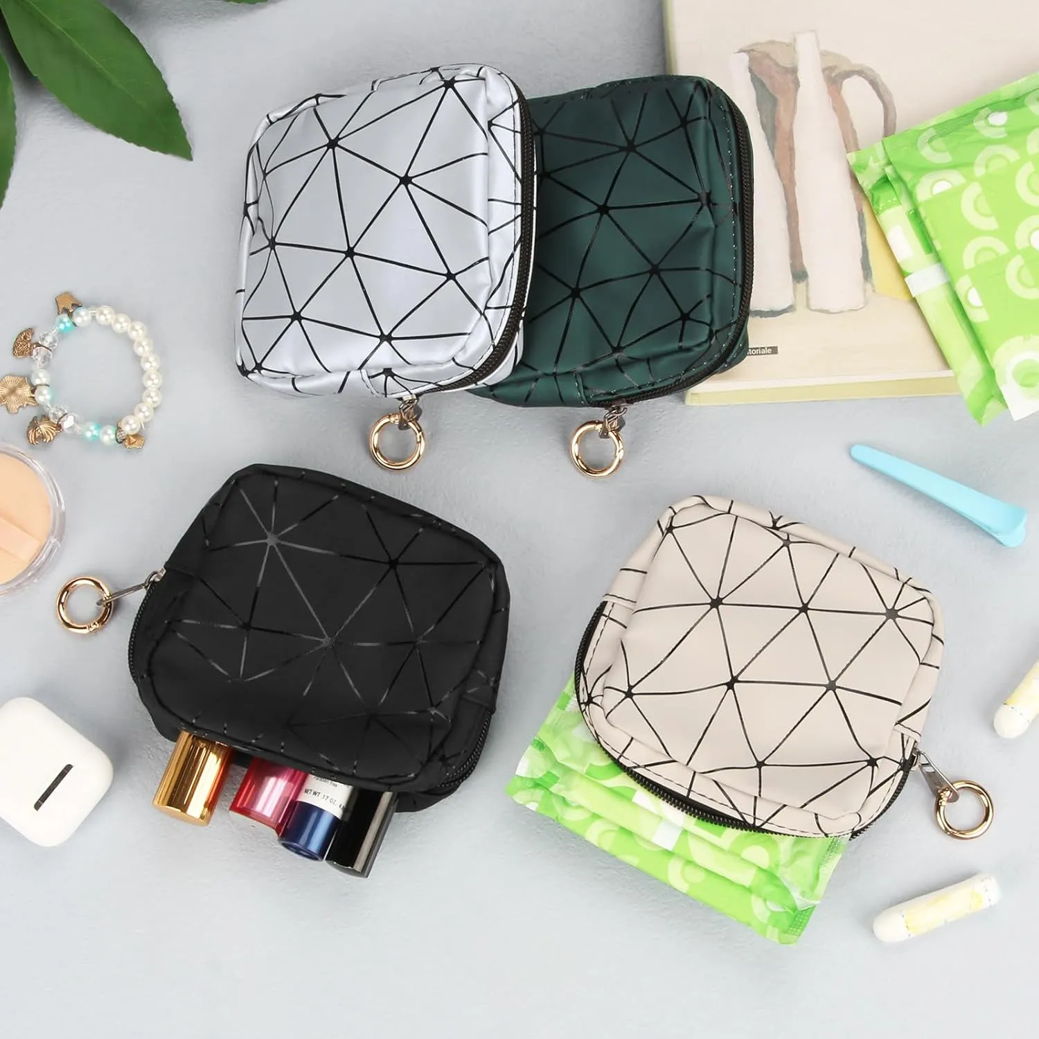 Desing Wish 4 Pack PU Leather Sanitary Napkin Storage Bag, Period Bag Nursing Pad Holder Tampon Bags Feminine Product Pouches Portable Period Kit Bag for Girls Women Ladies (Black/Nude/Green/Silver)