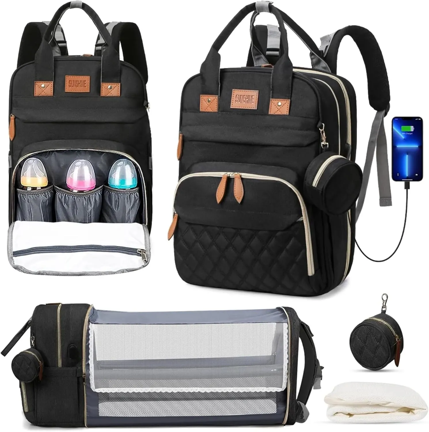 Diaper Bag Backpack, Multifunctional Waterproof,With Changing Pad, USB Port & Stroller Straps (Black)