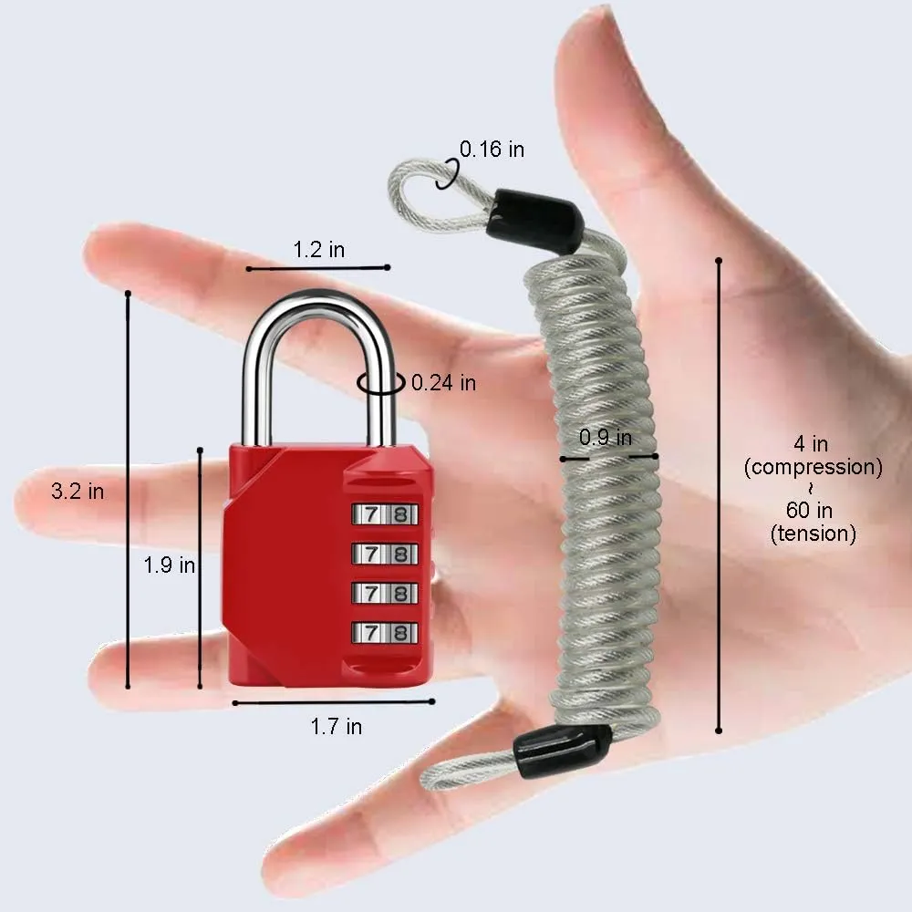 disecu® 2 Pack 4 Digit Combination Lock Outdoor Waterproof Padlock with Steel Cable for School Gym Locker, Helmet, Gate, Fence, Luggage (Red)