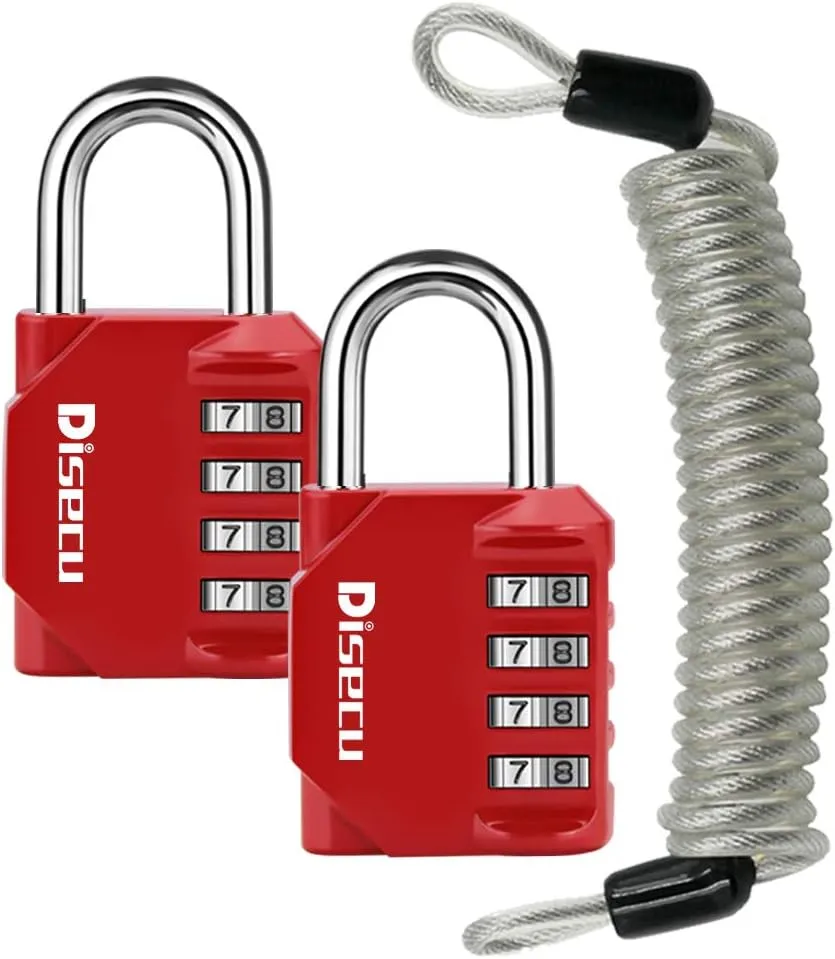 disecu® 2 Pack 4 Digit Combination Lock Outdoor Waterproof Padlock with Steel Cable for School Gym Locker, Helmet, Gate, Fence, Luggage (Red)