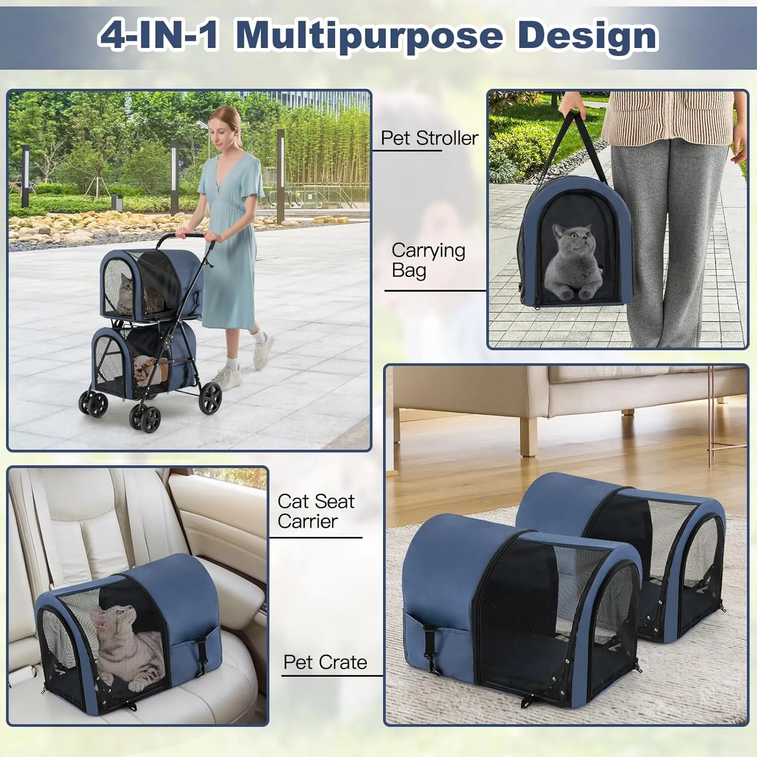 Dog & Cat Stroller with Detachable Carrier, Double Pet Carrier for Small Medium Dogs & Cats - Jogger/Travel/Camping, 4-in-1 Folding Trolley for Multi-Pet Home, Navy