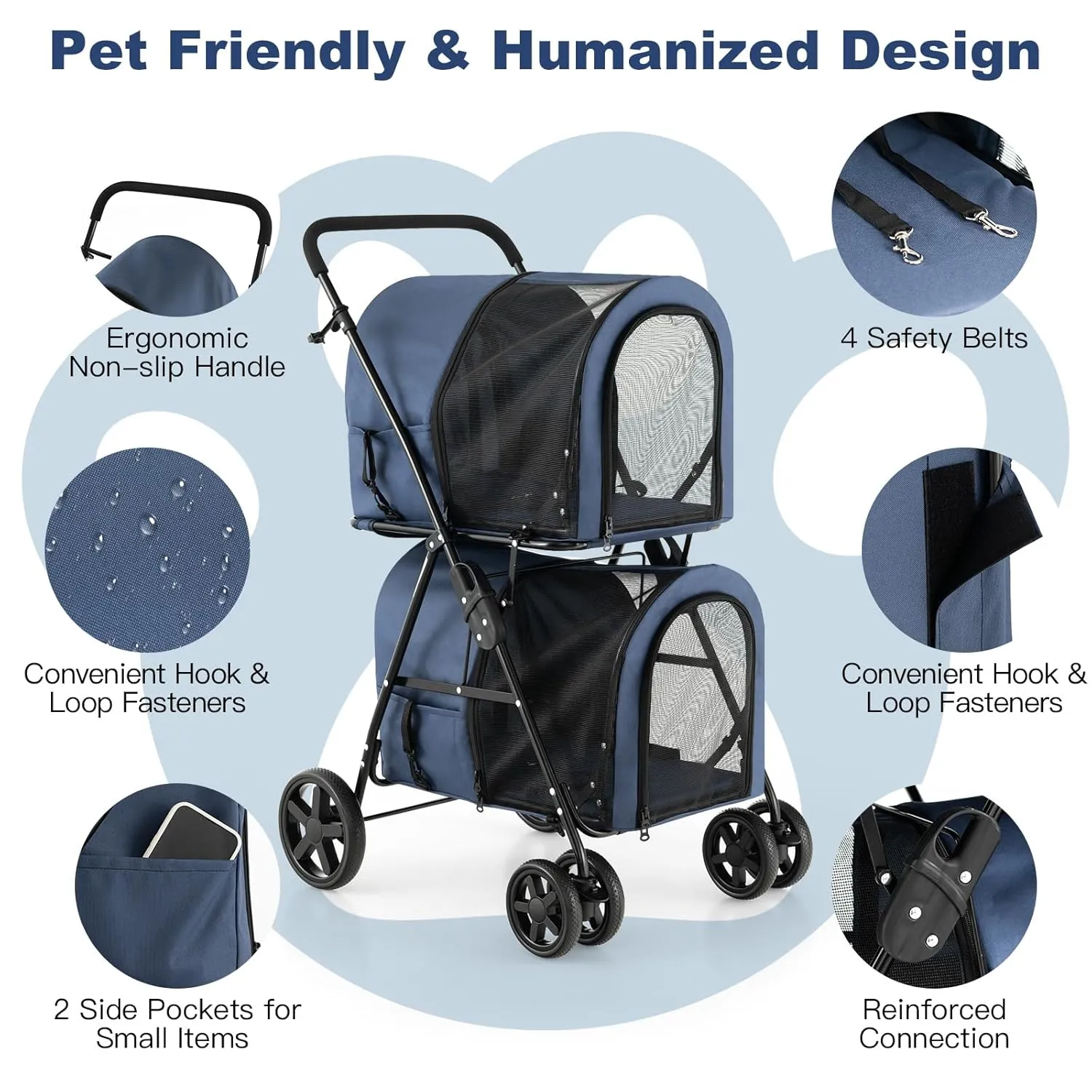 Dog & Cat Stroller with Detachable Carrier, Double Pet Carrier for Small Medium Dogs & Cats - Jogger/Travel/Camping, 4-in-1 Folding Trolley for Multi-Pet Home, Navy