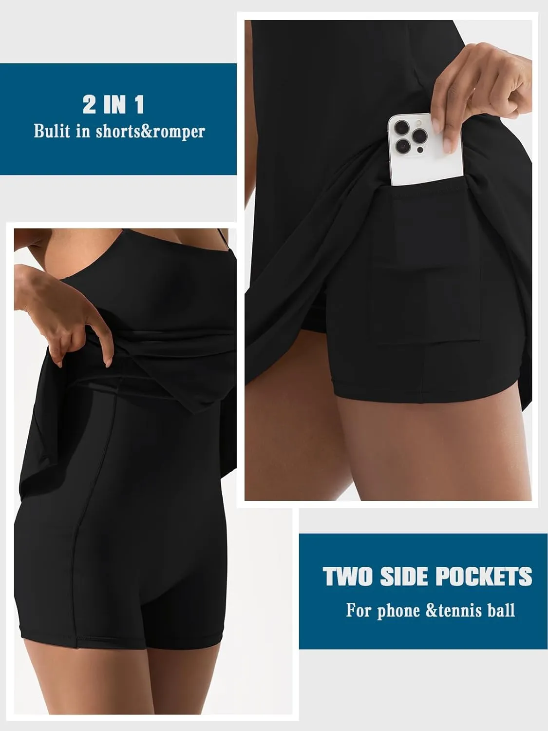 Dokuritu Womens Tennis Dress with Built in Shorts and Bra Spaghetti Strap Backless Square Neck Side Slit Golf Dresses