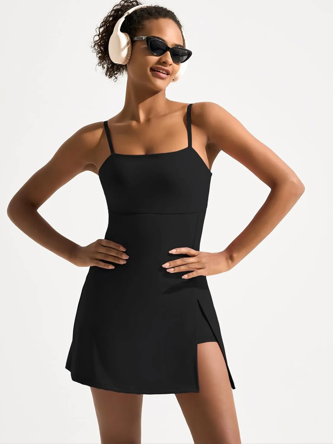 Dokuritu Womens Tennis Dress with Built in Shorts and Bra Spaghetti Strap Backless Square Neck Side Slit Golf Dresses