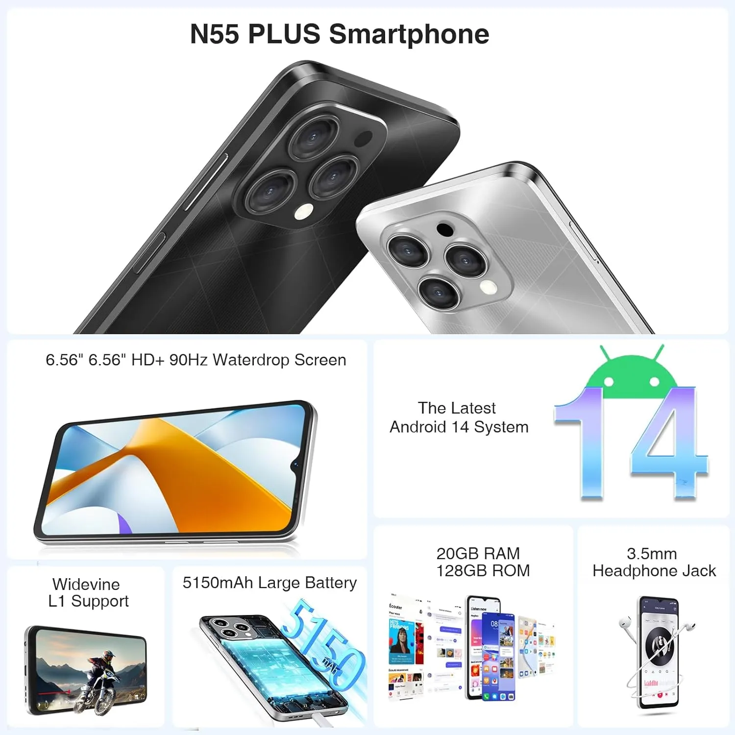DOOGEE N55PLUS Unlocked Android Phone, 20GB RAM 128GB ROM/1TB Cell Phone, 90Hz 6.56" HD  Android 14 Phone, 5150mAh, Dual SIM 4G/Octa-Core/Widevine L1/ Face Unlock/OTG/ATT/Verizon/T-Mobile, Sliver