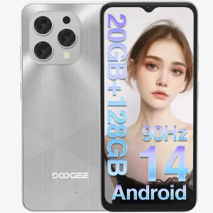 DOOGEE N55PLUS Unlocked Android Phone, 20GB RAM 128GB ROM/1TB Cell Phone, 90Hz 6.56" HD  Android 14 Phone, 5150mAh, Dual SIM 4G/Octa-Core/Widevine L1/ Face Unlock/OTG/ATT/Verizon/T-Mobile, Sliver