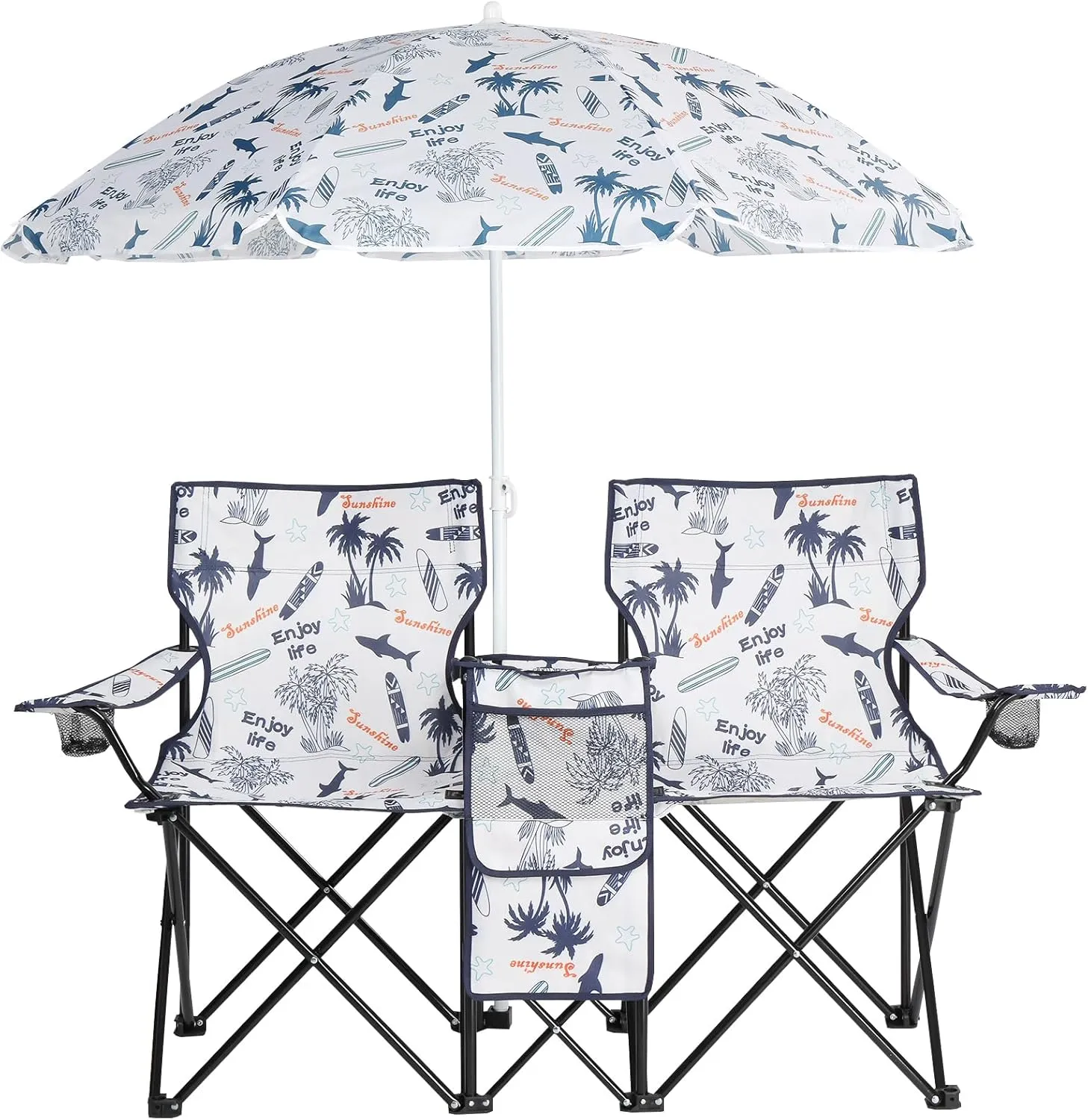 Double Camping Chair with Umbrella, Folding Loveseat Chairs w/Canopy Shade, Carrying Bag, Table, Cup Holder, Portable Beach Chairs Outdoor Picnic Patio (Coconut Tree)