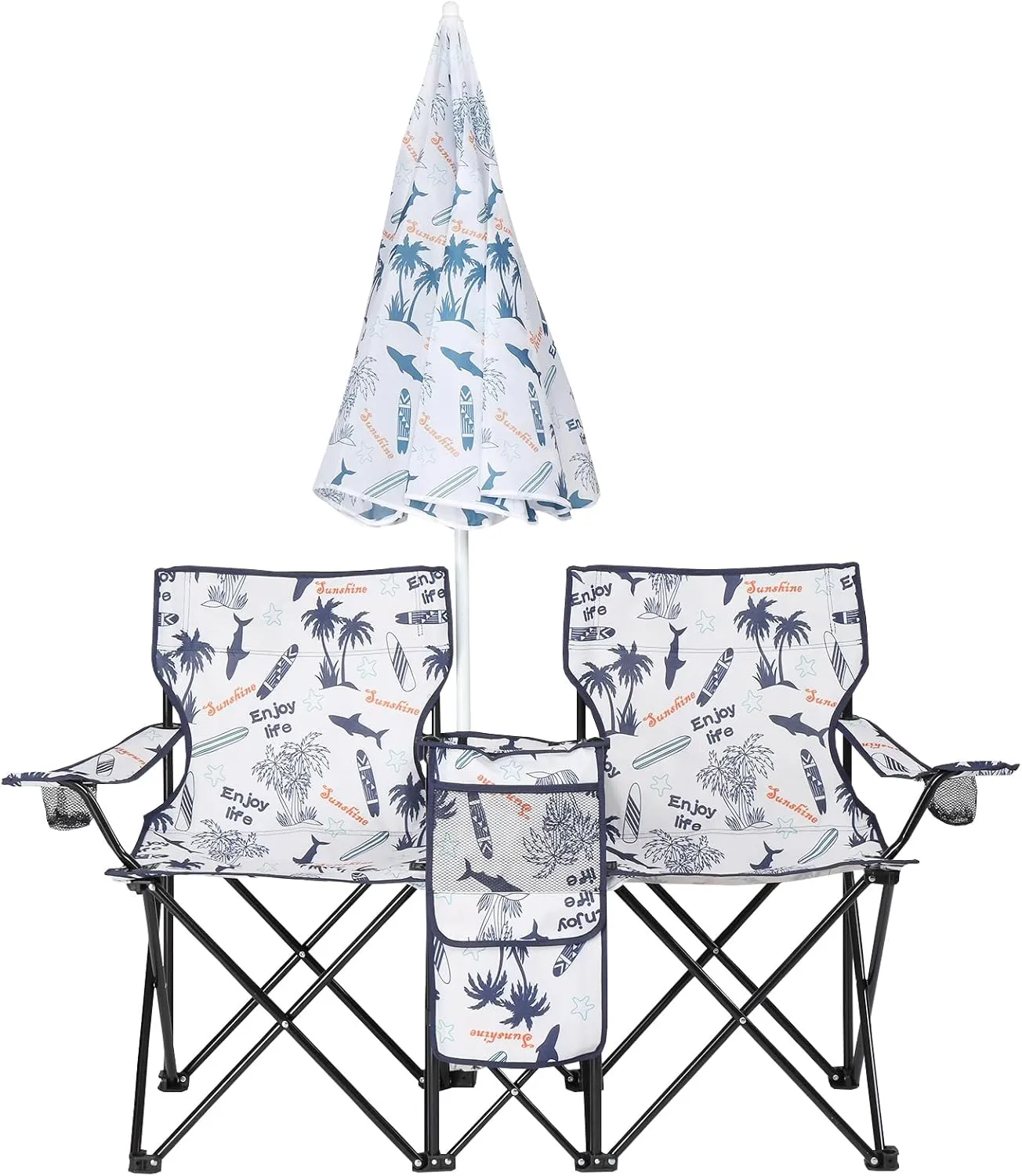Double Camping Chair with Umbrella, Folding Loveseat Chairs w/Canopy Shade, Carrying Bag, Table, Cup Holder, Portable Beach Chairs Outdoor Picnic Patio (Coconut Tree)