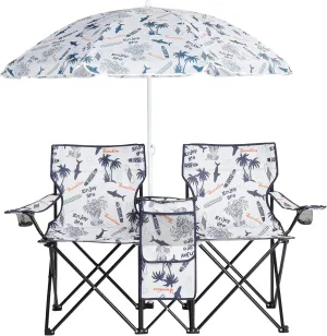 Double Camping Chair with Umbrella, Folding Loveseat Chairs w/Canopy Shade, Carrying Bag, Table, Cup Holder, Portable Beach Chairs Outdoor Picnic Patio (Coconut Tree)