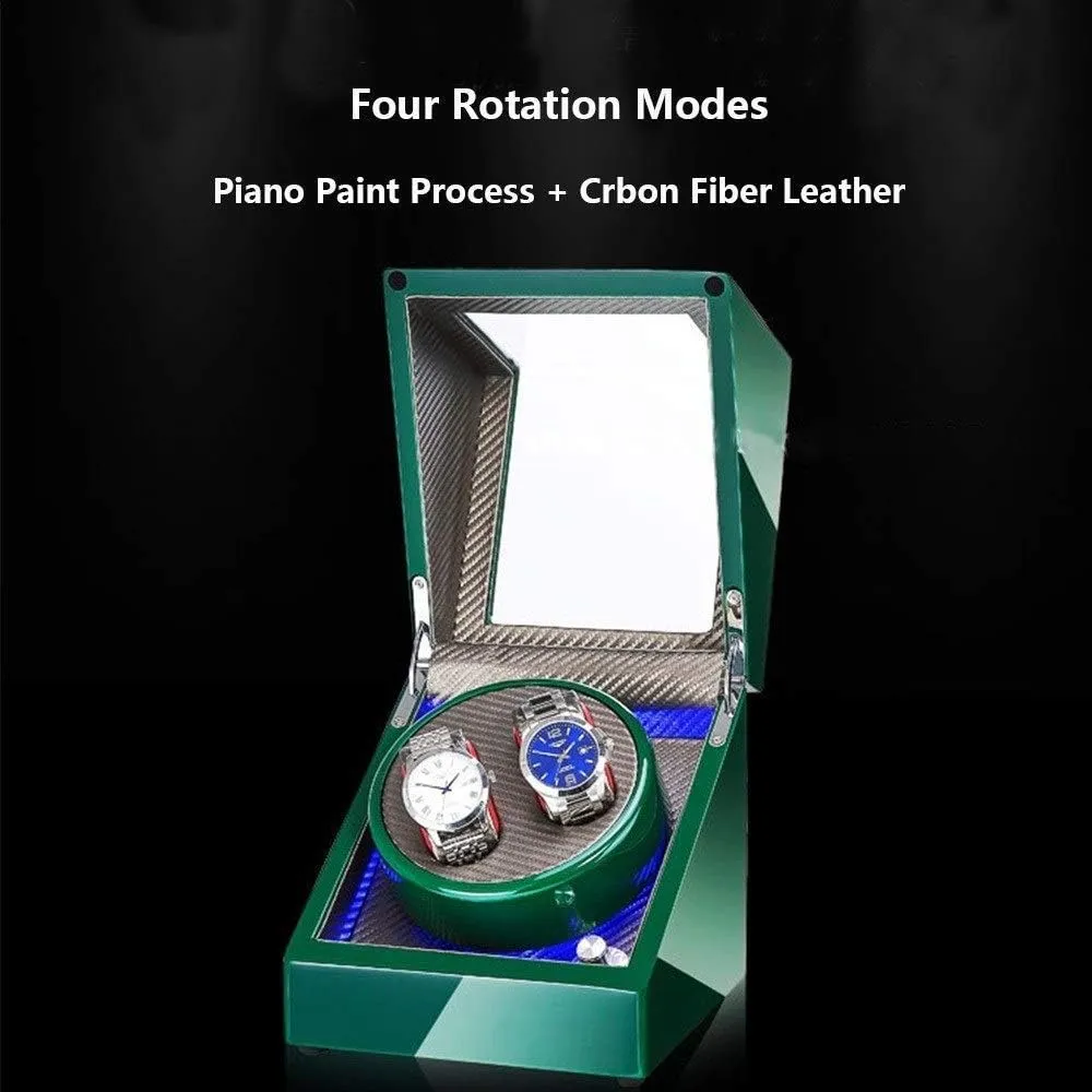Double Watch Winder Box for Automatic Watches, with LED Light, Green Piano Paint Exterior, Silent Motor, 4 Rotation Modes Watch Winder Display Watch Box Watch Storage