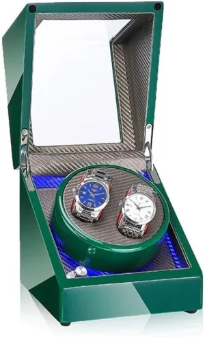 Double Watch Winder Box for Automatic Watches, with LED Light, Green Piano Paint Exterior, Silent Motor, 4 Rotation Modes Watch Winder Display Watch Box Watch Storage
