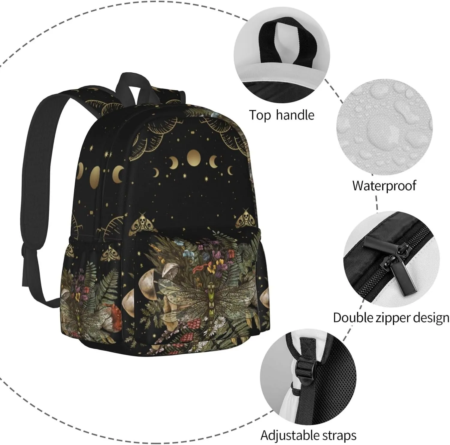 Dragonfly Of Crescent Moon Forest Witchcraft Stylish Backpack With Adjustable Padded Shoulder Straps Daypacks For Girls College Travel