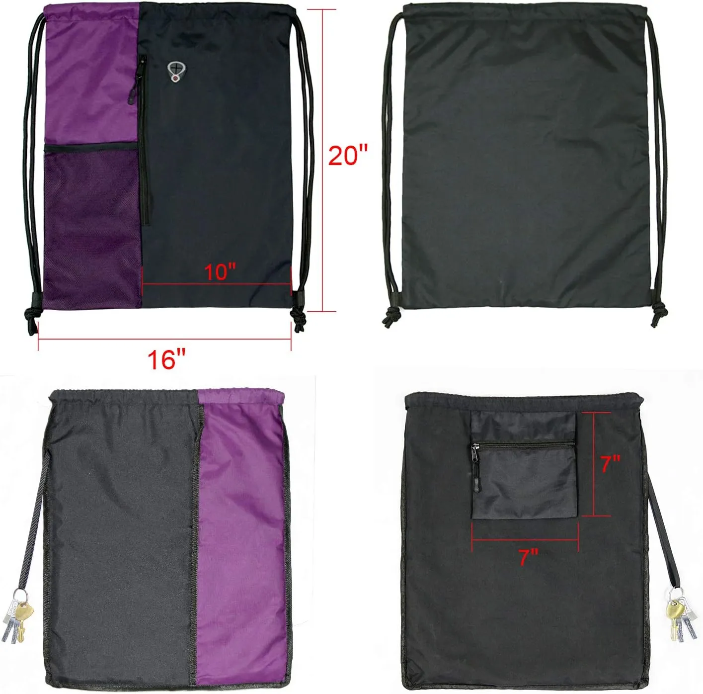 Drawstring Backpack Sports Gym Bag for Women Men Large Size With Two Zipper Pockets and Water Bottle Mesh Pockets