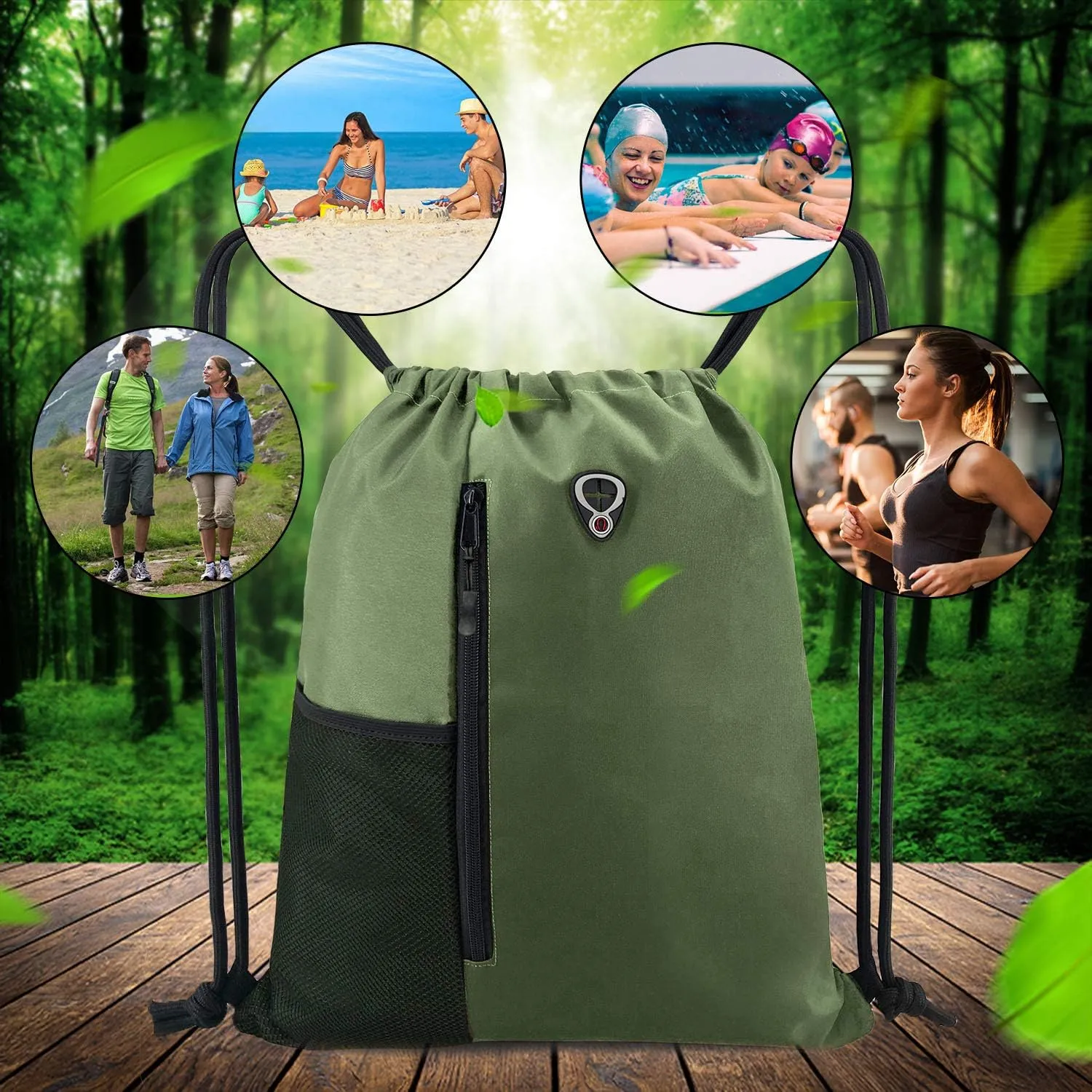 Drawstring Backpack Sports Gym Bag for Women Men Large Size With Two Zipper Pockets and Water Bottle Mesh Pockets